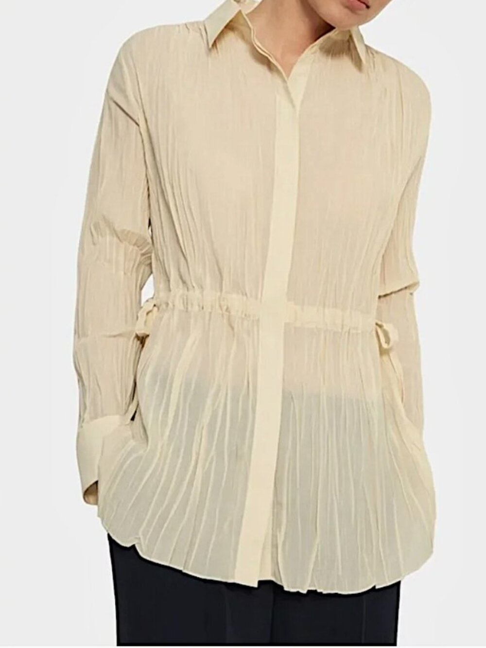 Theory Crinkle Pleated Plissé Poplin Tunic Shirt Side Ties Size S Cream Yellow